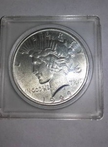 lot 536 image: PEACE Silver Dollar 1923. Coin is in a case.