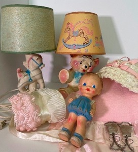 lot 10 image: Vintage Baby Girl Decor and Toy Lot Sun Rubber Co. Baby Doll