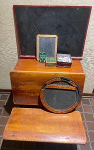 lot 13 image: Vintage School House Desk with Chalkboards and Foxy Toys antique 1917 Alphabet and Math Tool