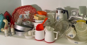 lot 14 image: Large Vintage Toy Kitchen Lot Dishes, Trays, Bakingware, Baby Bottles ETC