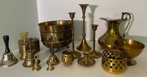 lot 22 image: 16 Piece Brass Lot Bells, Candlesticks ETC