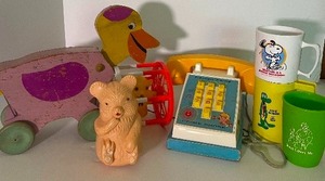 lot 24 image: Vintage Toy Lot Fisher Price, Wood Toys, Chime Phones, Rubber Toys
