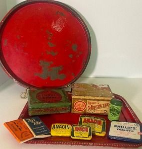 lot 31 image: Vintage Antique Tin Container Lot TobaccoMedicine ETC