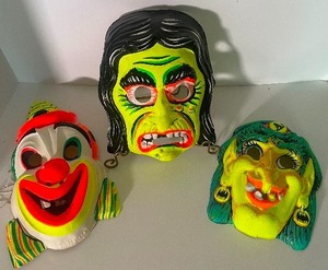 lot 42 image: Vintage Halloween Masks Lot of 3 Neon Colors 1980s