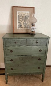 lot 57 image: Vintage Painted Dresser, Framed Art, Kerosene Lamp