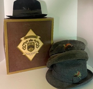 lot 66 image: Vintage Mens Hats Rosollino Milano Tweed Wool Fedora, Faux Fur Fedora, Black Stetson Fedora ETC