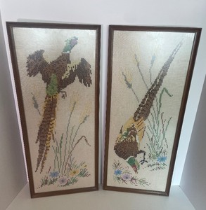 lot 68 image: Lot of Two Framed Pheasant Cross Stich Cattails, Flowers MCM