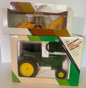 lot 72 image: John Deere Scaled Models Loader Backhoe and Radio Controlled Tractor