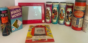 lot 74 image: Lot of Vintage Hand Held Toys Puzzles, Etch a Sketch, Pick Up Sticks, Original Doodle Poodle etc