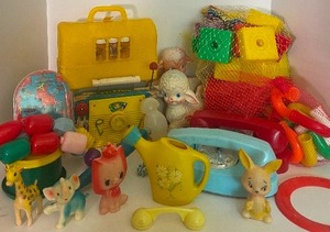 lot 75 image: Fisher Price, TV Radio Wood, Doctor Kit, Telephones, Small Rubber Baby Toys Large Lot Vintage Toys The Sun Rubber Co.