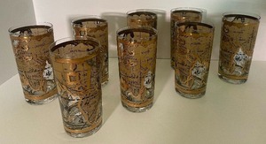 lot 127 image: Vintage Cera Old World Atlas Map Glasses Black and Gold Foil Set of 6 Highball