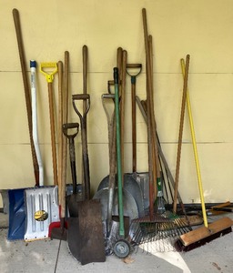 lot 96 image: Large Lot of Yard Tools - Rakes, Shovels, Brooms
