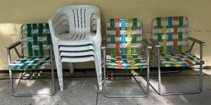lot 101 image: LOT of Outdoor Chairs - Four Plastic and 3 Aluminum Webbed Lawn Chairs