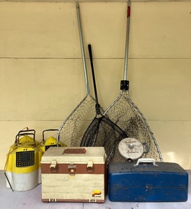 lot 102 image: Fishing Tackle and Gear LOT - Minnow Buckets, Tackleboxs, Collapsable Net, Retractable Clothesline