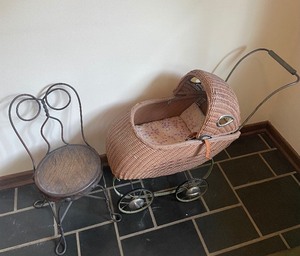 lot 131 image: Vintage Rattan Doll Buggy and Vintage ChildsDoll Parlor Chair