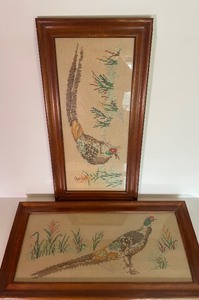 lot 69 image: Large Wood Framed Pheasant Cross Stitch Artwork Set of 2