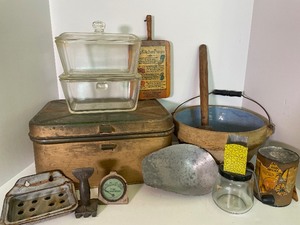 lot 137 image: Large Primitive Kitchen Lot Stoneware Bowl with Bail Handle McCannon Co. Spice Can Winona MN