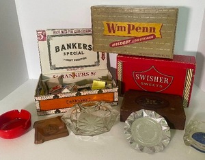 lot 141 image: Smokers Lot Vintage Cigar Boxes Ashtrays Matchbooks