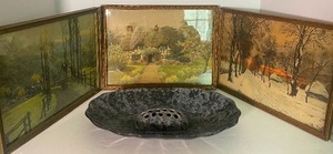 lot 152 image: Framed Vintage Prints and USA Vintage Flower Frog Centerpiece Bowl