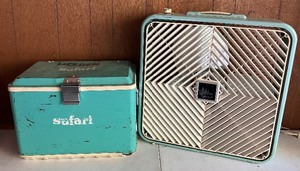 lot 115 image: Vintage Teal Safari Cooler and Vintage Lakewood Box Fan
