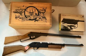 lot 157 image: Lot of 3 BB Guns and Wood Box