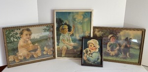 lot 143 image: 1940s Vintage Framed Artwork Children with Animals