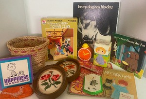 lot 179 image: Retro Lot of Fun 1970s popular items Needlepoint Posters Hollie Hobbie Avon Small World