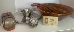lot 183 image: MCM Walnut Fame Salad Bowl with Spoon and Fork and DanishSweden Chip Dip Tray Set