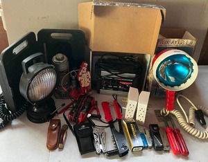 lot 195 image: Mixed LOT - Schumacher Computer Safe Charge, Multimeter, Bottle Jack,12v Spotlights, Multi-tools, Knives