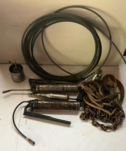 lot 198 image: Nine Piece Shop Stuff LOT - Heavy Cable, Grease Guns, Chains
