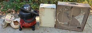 lot 200 image: Mixed LOT - Shop-Vac 1.5hp, Vintage Fasco Metal Box Fan, Wooden Clothes Pins, Wooden Box