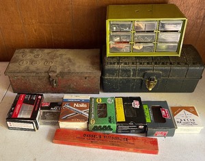 lot 201 image: Mixed LOT - Vintage Toolboxs, Desktop Organizer, Small Level, Nails