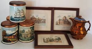 lot 203 image: Mixed Vintage LOT - Hand Colored Lithographs Signed by G.A. Dumarais, Four Currier & Ives Decorative Tins