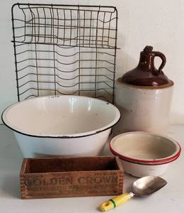 lot 204 image: Vintage Kitchen LOT - Black  White Enamel Tub, Two Toned Stoneware Jug