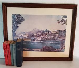 lot 205 image: Vintage Framed Print and Five Vintage Hardcover Books