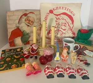 lot 208 image: Vintage Christmas LOT - Gurly Candles, Mini Flocked Santas