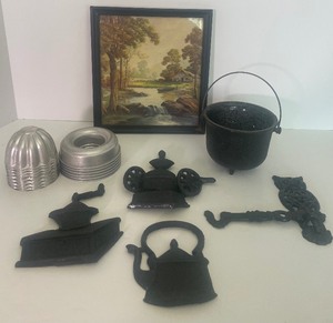 lot 231 image: Vintage Kitchen - Aluminum Jello Molds, Cast Iron Wall Decor, Framed Print