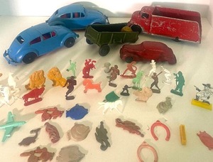 lot 237 image: Forty Vintage Cracker-Jack Toy Prizes and More - Two VW Bug, Two Metal Truck  Cars and Wagon.
