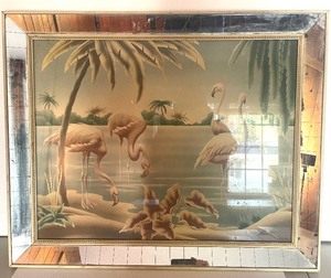 lot 271 image: Vintage MCM Turner Airbrush Flamingos Print with Mirror-Rimmed Frame