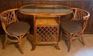 lot 291 image: Vintage Three Piece Rattan Breakfast Set and Decoritive Mats