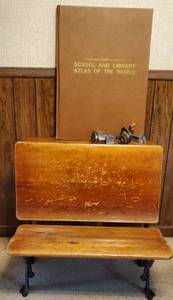 lot 276 image: Antique School Desk, Mountable Knife Sharpener and Pencil Sharpener, School and Library Atlas of the World