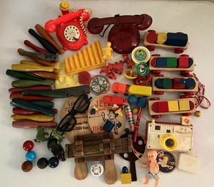 lot 241 image: Vintage Toy LOT - Wooden Bowling Pins, Toy Phones, Spinners, Puzzles and More