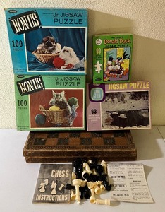 lot 245 image: Vintage LOT- Chess  Backgammon Board and Four Puzzles