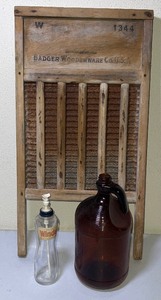 lot 250 image: Vintage Cleaning LOT- Badger Washboard, Glass Windex Bottle, Purex Bottle
