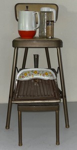 lot 242 image: Vintage Kitchen LOT - Thermos Carafe, Metal Stepstool with Seat, Tang Pitcher