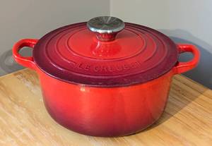 lot 14 image: 2qt Le Creuset Red Enamel Cast Iron Pan