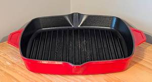 lot 15 image: Le Creuset Red Enamel Cast Iron Square Skillet Grill