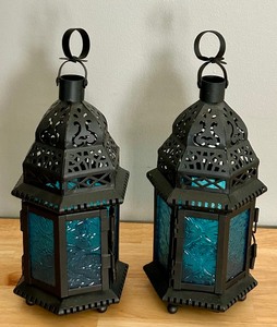 lot 77 image: Pair of Moroccan Blue Glass Lanterns Candle Holders