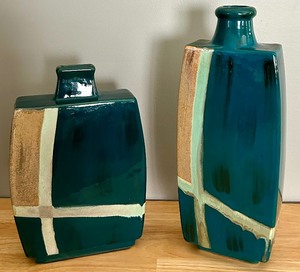 lot 78 image: Pair of Pier 1 Ceramic Vase Geometric Blue Green Tan Decorative Block Design Vases