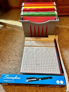 lot 57 image: Swingline Long Reach Stapler, Paper Cutter and Plastic Folder Filing System